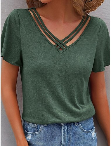  Per donna maglietta Liscio Di tendenza Moderno Informale Manica corta A V Top regolari Giornaliero Fine settimana Nero Verde militare Blu marino Viola Estate Primavera