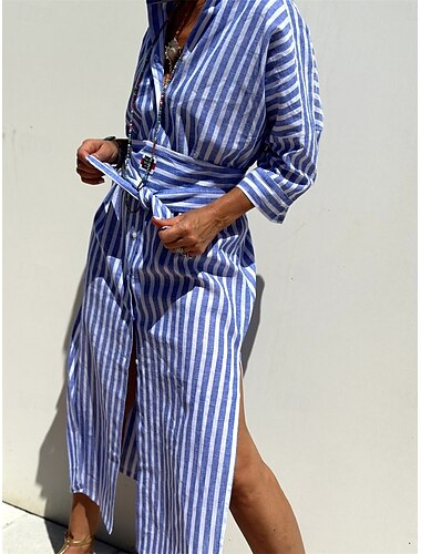  Damen Midikleid Casual kleid A Linie Kleid Vintage Kuschelig Stilvoll Urlaub Täglich Lockere Passform Streifen Halbe Ärmel Hemdkragen Rosa Blau Sommer Frühling Herbst