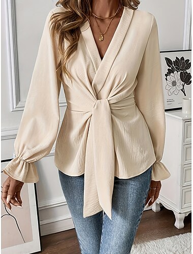  Damen Hemd Bluse Feste Farbe Stilvoll Brautkleider schlicht Langarm V Ausschnitt Normale Oberteile Täglich Vorne binden Khaki Frühling Herbst