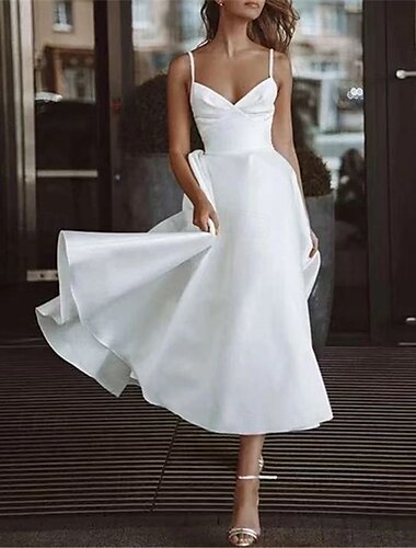  kleine witte jurken boho trouwjurken zeemeermin / trompet lieverd mouwloos thee lengte jersey bruidspakken bruidsjurken met gerimpelde effen kleur 2025