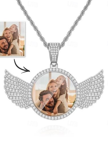  Personalisierte Hochzeitsgeschenk für Paare – Foto-Halskette – Silberner Flügelanhänger aus Kupfer beste Geschenkidee für Liebende und Paare