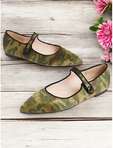  dámské camo potisk mary jane flats – materiál z umělých pony vlasů, špičaté pohodlné nazouváky s měkkou podrážkou, ideální pro běžné nošení, outdoorové aktivity a každodenní styl