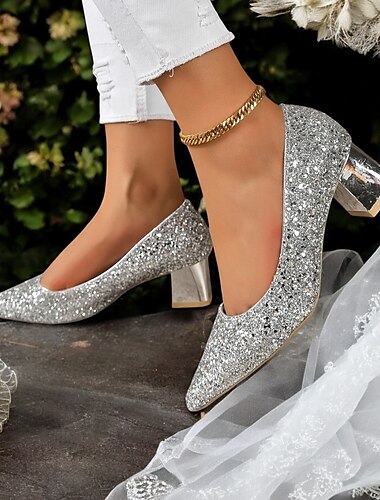  Zapatos de mujer con tacón de bloque y punta puntiaguda con purpurina plateada: zapatos brillantes para bodas, fiestas o noches con acabado metálico