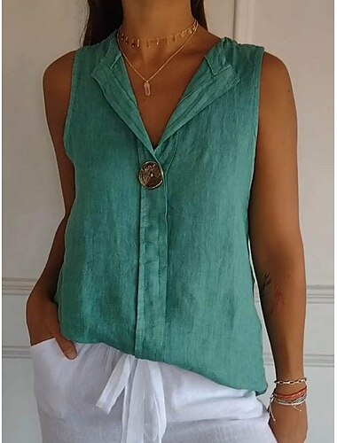  Dame Skjorte Skjorter i bomullslin Bluse Imitert bomullslin Knapper Helfarge Stilfull Fritid Ermeløs V-hals Vanlige topper Daglig Hvit Grønn Sommer