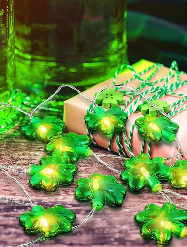  St. Patrick's Day Kleeblatt-Lichterkette 3 m 20 LEDs - AA-Batteriebetriebene dekorative Lichterkette für drinnen und draußen für Hof, Garten, Party und festliche Atmosphäre 1 Stück