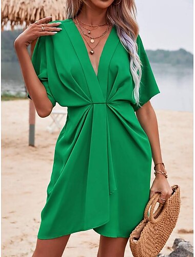  Damen Minikleid Casual kleid Bodycon Elegant Stilvoll Ausgefallene Urlaub Täglich Regular Fit Glatt Kurzarm V Ausschnitt Rosa Grün Sommer