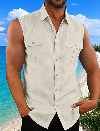  Voor heren Katoenen linnen overhemd Zomer overhemd Normaal shirt Strand hemd Effen / effen kleur Hawaii Zwart Blauw Paars Groen Mouwloos Overhemdkraag Zomer Kleding