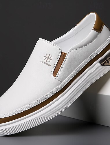  mocassins blancs à enfiler pour hommes – chaussures légères en similicuir avec semelle coussinée pour un usage décontracté et quotidien