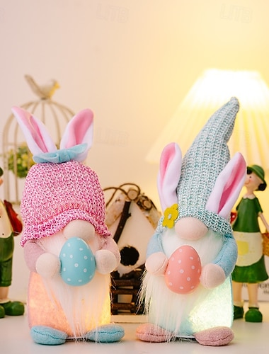  2er-Pack Osterdekorationen, LED-beleuchtete, gesichtslose Wichtelpuppen mit Hasenohren, die Ostereier halten, Frühlingsfestfiguren für die Heimdekoration, batteriebetrieben (Batterien nicht enthalten)