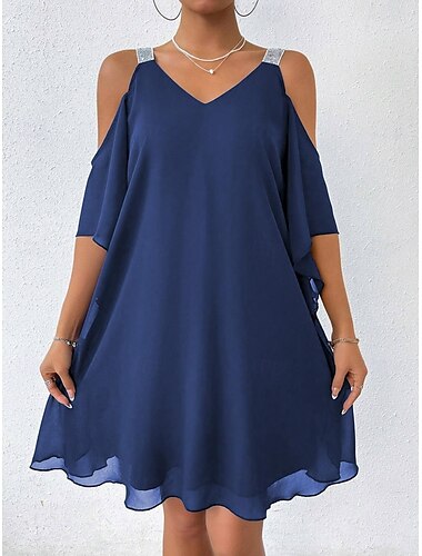  Damen Minikleid Cocktailkleid Kleid für Hochzeitsgäste Chiffonkleid Elegant Kalter Schulter-Ärmel Täglich Lässiger Schnitt Einfarbig Ärmellos V Ausschnitt Marineblau Sommer Frühling Herbst
