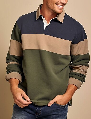  Homme Rayé Polos de Rugby manche longue Polos Col Vêtement décontracté de travaile Formel Extérieur Tenue Quotidienne Boutons Impression 3D Printemps Automne Hiver Bleu Vert Vert Véronèse
