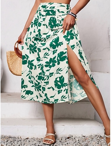  Dames Rok A-lijn Modieus Casual Midi Hoge taille Rokken Bloemig Afdrukken Gespleten punten Micro-elastisch Straat Dagelijks blauw Groen Zomer Polyester