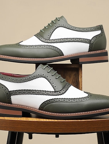  pánské hnědé a bílé oxfordské boty z umělé kůže – wingtip brogue detaily, vintage společenské společenské boty pro svatby, obchodní a speciální příležitosti
