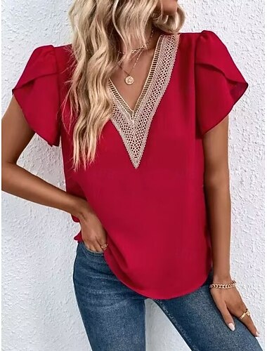  Blusas Elegantes de Encaje Blanco para Mujeres Blusa de Ojal Casual Color Sólido Blusas Regulares Manga Corta Escote en V Patchwork de Encaje Ajuste Regular Uso Diario Blanco Rojo Romántico Petite