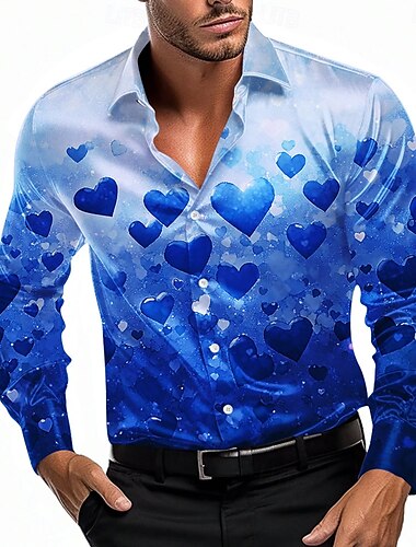  Herren Herz Liebe Farbverlauf Satinhemd Knopfhemd Langarm Modisch lässig Party Geschenk Festtage Frühling Herbst Umlegekragen 3D-Druck Rote Blau Purpur