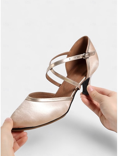  chaussures de danse à bout fermé en satin champagne avec brides croisées pour femmes - idéales pour la danse de salon et la danse sociale