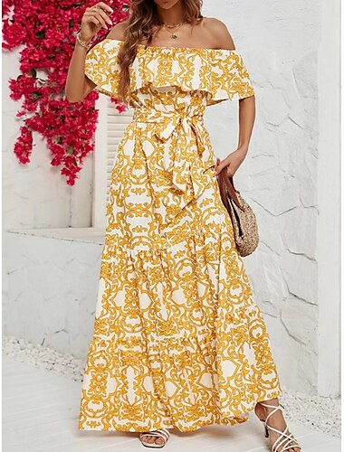  Damen Maxidress Casual kleid Boho Chic Kleider Böhmen Stilvoll Brautkleider schlicht Urlaub Täglich Strand Lockere Passform Blumen Kurzarm Schulterfrei Gelb Grün Sommer Frühling