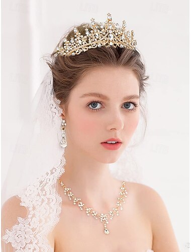  funkelndes Diamant-Tiara-Kronen- und Halsketten-Set – vergoldeter Brautschmuck mit Ohrringen, perfekt für Hochzeiten, Festzüge und besondere Anlässe