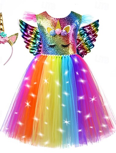  kinderkleidung Mädchen Party Kleid Regenbogen Einhorn Ärmellos Leistung Geburtstag Gitter Schön Süß Polyester Knielang abendkleider A Linie Kleid Tüll-Kleid Sommer 4-12 Jahre Mehrfarbig Rosa Purpur