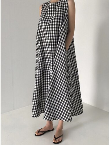  Damen Midikleid Sommerkleid stylisch lässig Urlaub alltagstauglich Regular Fit kariert ärmellos Rundhalsausschnitt Schwarz Sommer
