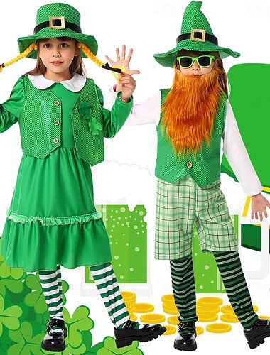  Clover irlandês Fantasia de Carnaval Grupo Roupa Perucas cosplay Crianças Para Meninos Para Meninas Fantasias Carnaval Espetáculo Palco Dia Das Bruxas Carnaval Dia de São Patricio Fantasia de