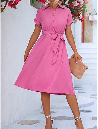  Damen Midikleid blusenkleid Casual kleid A Linie Kleid Stilvoll Ausgefallene Arbeit Täglich Regular Fit Glatt Kurzarm Hemdkragen Rosa Grün Sommer Frühling