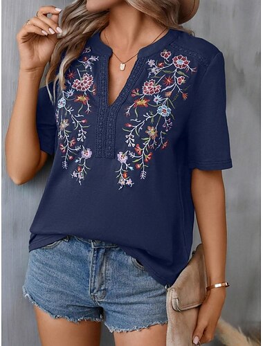  Dames Overhemd Blouse Bloemig Stijlvol Casual Korte mouw Gekerfde nek Normale tops Dagelijks Geborduurd Leger Groen Marineblauw Zomer