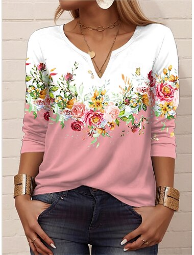  Mujer Camiseta Floral Casual Manga Larga Cuello con muescas. Tops regulares Diario Estampado Rosa Primavera Otoño