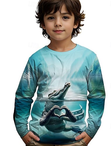  Para Meninos 3D Gráfico Animal Crocodilo Camisa Camiseta Manga Longa Primavera Outono Moda Básico Infantil 4-12 anos Gola Redonda Ao ar livre Casual Diário Normal