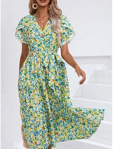  Damen Midikleid Casual kleid Schaukelkleid A Linie Kleid Stilvoll Brautkleider schlicht Urlaub Täglich Regular Fit Blumen Kurzarm V Ausschnitt Purpur Grün Sommer
