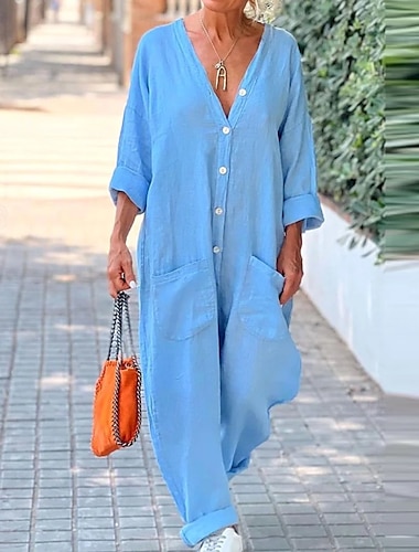  Mulheres Normal Macacão Roupa de rua Côr Sólida Manga Longa Reto Decote V Botões Bolsos Rua Diário Normal Branco Azul Claro Verão