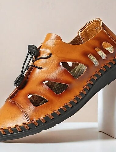  Freizeitsandalen aus Kunstleder für Herren mit ausgehöhlten Details – handgenähtes Design mit verstellbarem Kordelzug, leicht und atmungsaktiv für den Sommer im Freien