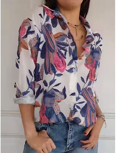  Dames Overhemd Blouse Bloemig Stijlvol Casual Lange mouw Overhemdkraag Normale tops Dagelijks Knop Afdrukken blauw Oranje Zomer Lente