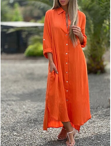  Per donna Abito maxi Abiti ispirati al lino Elegante Vintage Essenziale Vacanza Quotidiano Data Vestibilità comoda Semplice Manica Lunga Colletto a Camicia Bianco Arancione Primavera Autunno