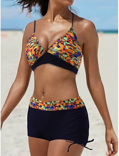  Dames Zwemkleding Bikini 2 stuks Korte broek Zwempak Blote rug Slank Vakantie Strand Kleding Bloemig Halternek Mouwloos Badpakken