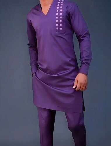  Hombre Ropa de salón Bata de noche Camisa de dormir Conjuntos 1 juego Plano Elegante Confort Hogar Diario Poliéster Transpirable Escote en Pico Manga Larga Primavera Otoño Morado