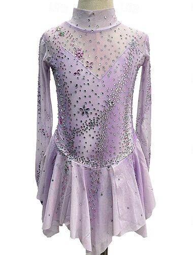  Eiskunstlaufkleid Damen Mädchen Eislaufen Kleider Purpur Patchwork Daumenloch Gitter Spandex elastisch Ausbildung Praxis Professionell Eiskunstlaufkleidung Kristalle Langarm Eiskundstlauf