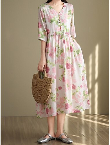  Mujer vestido largo vestido largo Vestidos de lino y algodón Vestido informal Básico Casual Vacaciones Diario Ajuste regular Floral Manga Corta Escote en Pico Rosa Verano