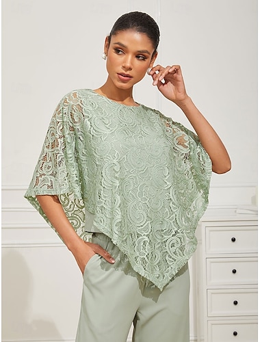  Damen Bluse Elegante Oberteile Glatt Elegant Halbe Ärmel Rundhalsausschnitt Normale Oberteile kleid hochzeitsgast Täglich Spitze Patchwork Layer-Look Salbeigrün Sommer Frühling