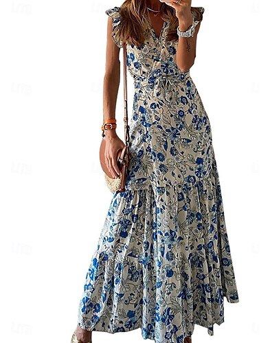  Damen Midikleid Casual kleid Elegant Böhmen Stilvoll Urlaub Täglich Regular Fit Blumen Ärmellos V Ausschnitt Blau Sommer