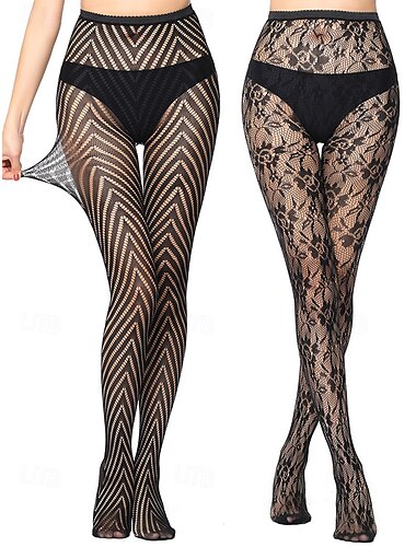  Conjunto de 2 pares de medias de rejilla con estampado de encaje para mujer: medias transparentes con diseño de chevrones y flores para fiestas, clubes y moda