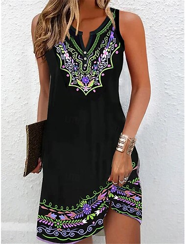  Damen Mini Kleid Petite Kleid T-Shirt Kleid Tee Kleid Sommerkleid Mode Modern Reif Outdoor Urlaub Lässig Regulär Passform Floral Ärmellos Schlitzhals Gelb Lila Sommer