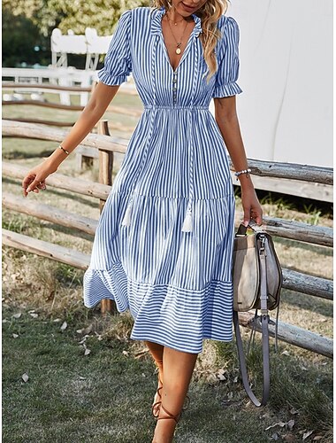  Dames Halflange jurk Imitatie katoenlinnen Shirtjurk Casual jurk Stijlvol Casual Dagelijks Vakantie Normale pasvorm Streep Korte mouw Overhemdkraag blauw Geel Zomer