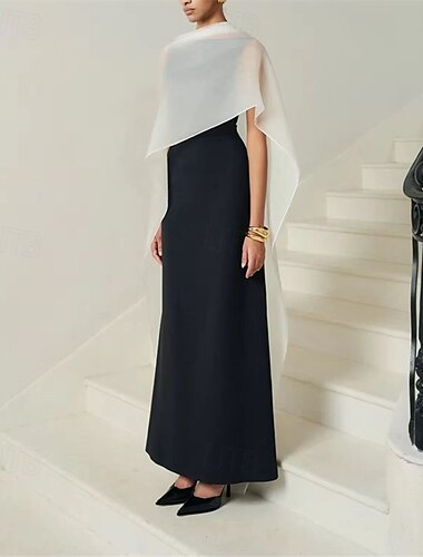  Robe de Soirée  Colonne Élégante Robe Soirée Fête Noire Gala Longueur de Sol Sans Manches Col Scoop Détachable Mélange Coton Dos Moulant avec Franges Volants Châle
