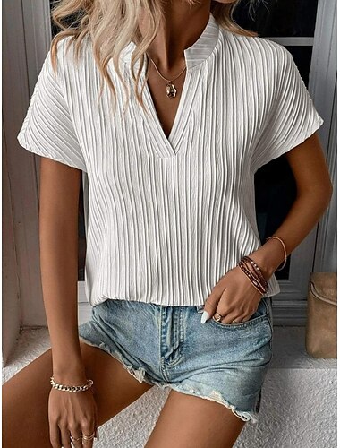  Damen T Shirt Glatt Basic Brautkleider schlicht Kurzarm Gekerbter Hals Normale Oberteile Täglich Wochenende Weiß Blau Sommer
