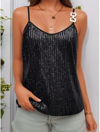  Damen Spaghetti-Top Einfarbig Stilvoll Lässig Ärmellos Träger Regelmäßige Tops Täglich Pailletten Rückenfrei Silber Schwarz Beige Sommer
