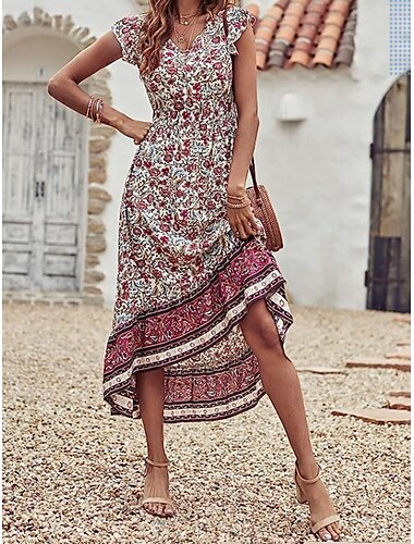  Damen Midikleid Casual kleid A Linie Kleid Boho-Kleid Stilvoll Brautkleider schlicht Urlaub Täglich Regular Fit Blumen Kurzarm V Ausschnitt Burgunderrot Sommer