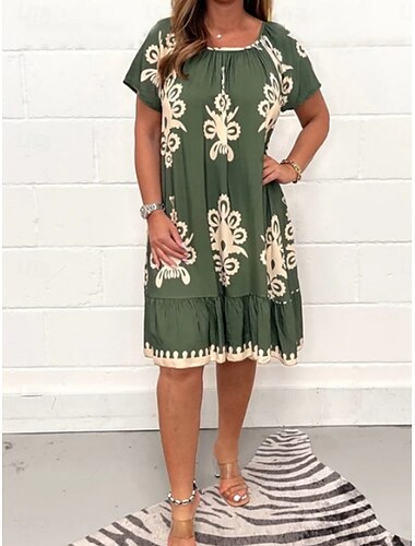  Naisten Mini mekko Rento mekko Boho-mekko Böömi Vintage Vapaa-aika Loma Päivittäin Normaali Kuvitettu Lyhythihainen Nelikulmainen kaula-aukko Musta Purppura Apila Aprikoosi Kesä