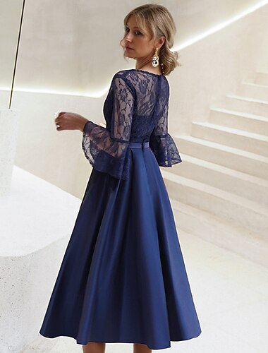  A-Linien-Kleid, Kleid für die Brautmutter, formell, elegant, Vintage, Illusionsausschnitt, Schmuckausschnitt, knöchellang, Satinspitze, 3/4-Ärmel mit Spitze, einfarbig, 2025