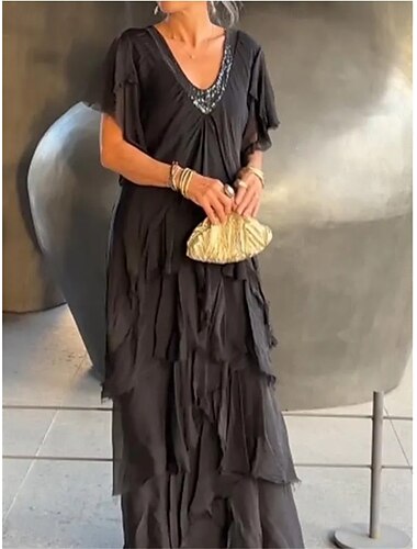  Damen Maxikleid Freizeitkleid elegant stylisch lässig Urlaub Party Alltag Regular Fit einfarbig Kurzarm V-Ausschnitt schwarz grün grau Sommer Frühling Herbst